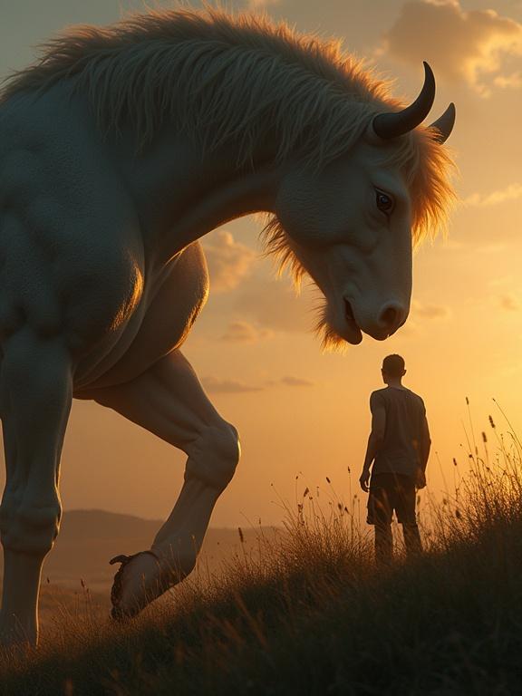 A giant horse looks down at a person in a beautiful evening setting. The horse is illuminated by soft light, creating an enchanting atmosphere. The scene captures a moment of awe and admiration.