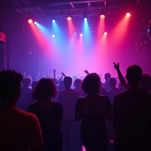Disco club atmosphere with a dancing crowd under colorful lights