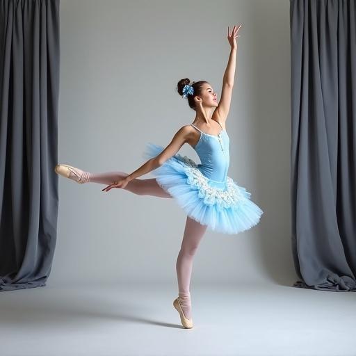 A professional ballet dancer performs a high leg split pose. Dancer wears a light blue tutu with white floral patterns. She holds her extended leg with her hand. Dancer wears ballet shoes and has hair styled with bows. The background features gray curtains and a white floor. The setting has professional lighting.