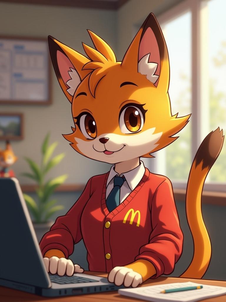 Cat character in an office. Cat has orange fur and a friendly expression. Cat wears a McDonald's sweater and sits at a desk. Background has a plant and a window with daylight.