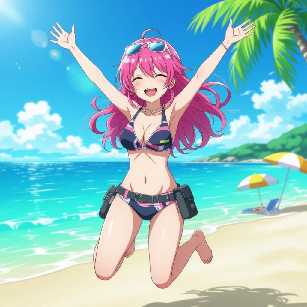 Anime-style illustration of Nicole Demara on beach wearing sporty bikini. She has tech-inspired pouch and sunglasses on head. She jumps joyfully with arms raised, smiling. Wavy pink hair flows in breeze. Turquoise water and soft sand in background.