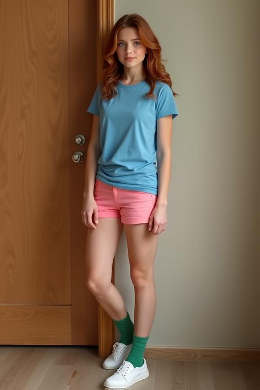 Photo features a young woman indoors near a wooden door. She wears a fitted blue t-shirt and pink shorts. Footwear includes white slip-on shoes with green ankle socks. Neutral wall surrounds her. Lighting is natural and soft. Detail is sharp with warm tones.