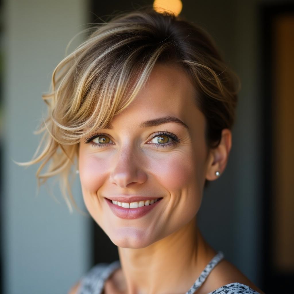 A woman with short hair is smiling warmly. She has bright, clear eyes and a friendly expression. The background is softly blurred, showcasing her features. The natural light enhances her beauty and the warmth of her smile. This portrait captures a moment of happiness and confidence.