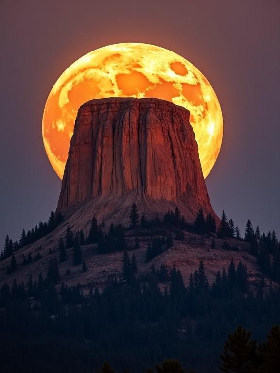 Stunning image of a large orange Moon rising behind Devils Tower in Wyoming. The Moon's surface shows high detail. The rock structure is highlighted by warm colors and sharp textures. A dark forest surrounds the base. Clear twilight sky creates a dramatic backdrop.