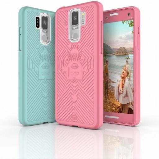 Colorful phone cases displayed together. One case is pink and the other is light blue. The phone with a picture of a beach scene is nestled in the pink case. Present a modern and trendy feel.