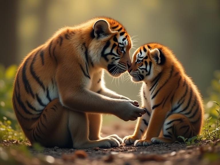 Close-up image of two tigers showcasing their bond. One adult tiger gently interacts with a tiger cub. Warm lighting enhances the emotional connection. Setting features lush greenery in the background creating a natural environment.