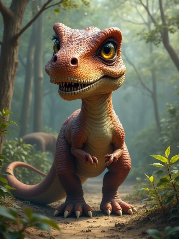 A cartoon dinosaur stands in a lush forest. The dinosaur has big eyes and a large grin. The background features trees and greenery. The lighting is soft and magical.