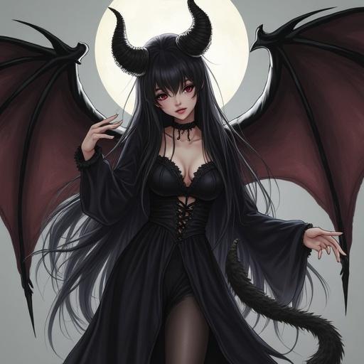 Character with long black hair wearing a witch costume. Features include succubus tail, wings, and prominent horns. The character is captivating and charming.