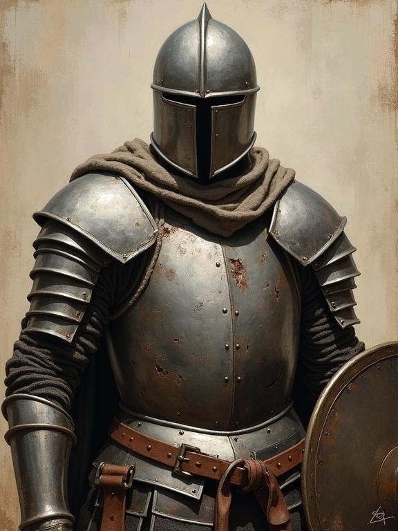 Antique painting of a battle-worn warrior. The warrior wears a dented iron breastplate with faint scars. They have a tattered surcoat and leather straps on their arms. The warrior holds a steel shield. The artwork features an extremely rough oil painting style.