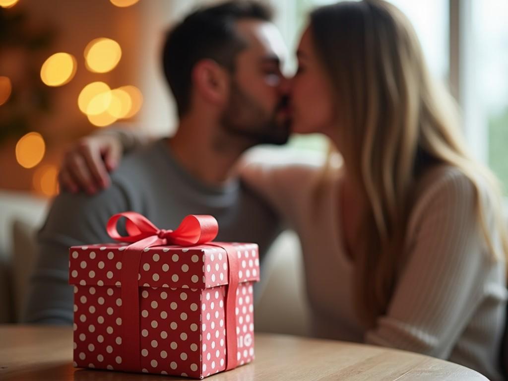 The image captures an intimate moment where the focus is on a beautifully wrapped red gift box adorned with white polka dots and tied with a bow. In the blurred background, a couple shares a tender kiss, creating a warm and romantic atmosphere enhanced by soft bokeh lights.