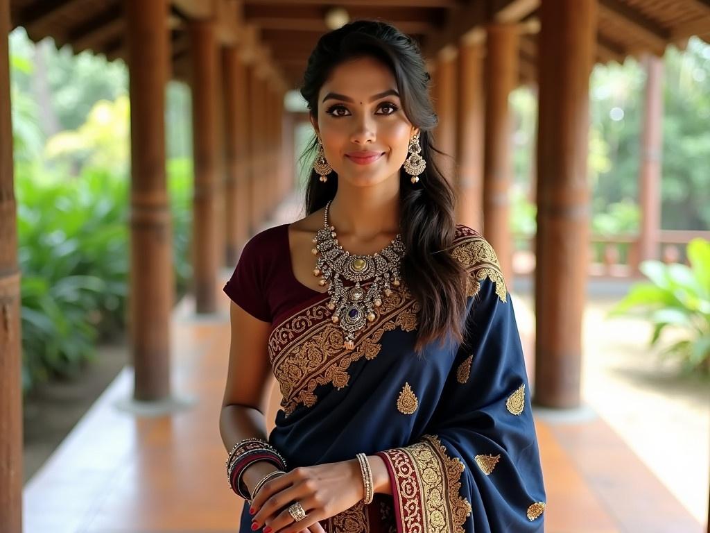 The image features a woman dressed in a beautiful traditional saree. The saree is predominantly navy blue with intricate gold and maroon designs. She is adorned with a variety of traditional jewelry, including a statement necklace, earrings, and multiple bangles on her wrists. The setting appears to be a culturally rich environment, supported by wooden pillars in the background. The outdoor area seems serene with lush greenery visible behind her.