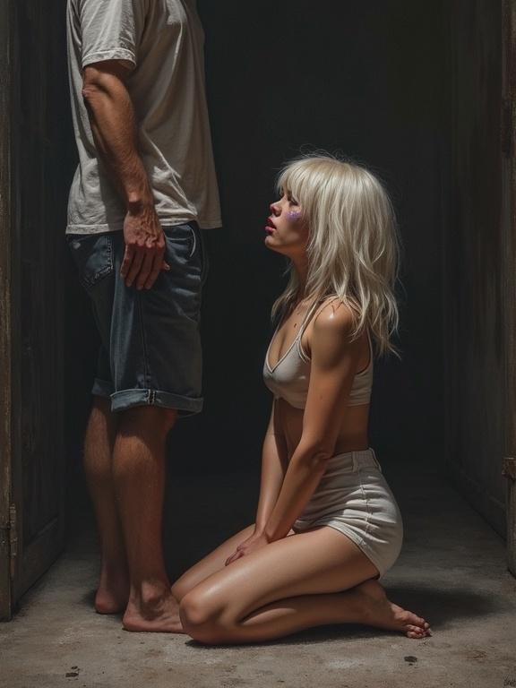 Side view features two figures in a dark room. A girl with light hair kneels on the ground, facing a standing man. The girl appears to be in emotional distress, wearing simple clothing. The man is bare-chested and looks down at her. The lighting is dim, enhancing the dramatic mood.