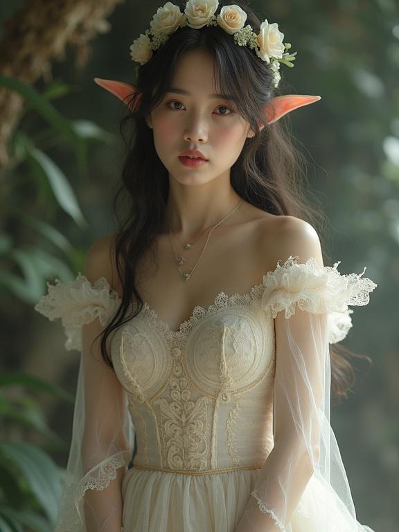 Fantasy portrait of an elf female character wearing a lace gown. Model poses with long hair. Flower crown adorns her head. Suitable for fantasy themes and character design. Emphasis on pale skin and ethereal qualities.