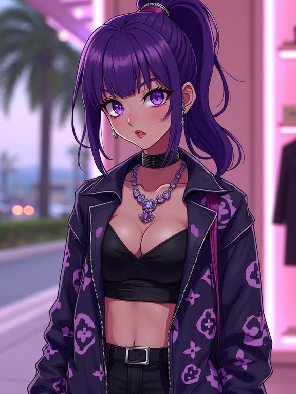Anime character in modern Louis Vuitton boutique. Purple hair in oversized ponytail. Wearing edgy stylish outfit. Showcasing tattoos and jewelry. Shopping experience depicted. Futuristic ambiance emphasized.