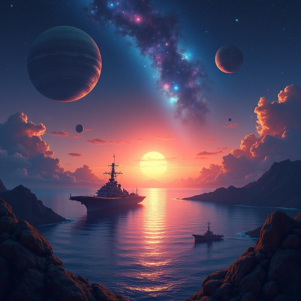 This artwork depicts a stunning imaginary landscape set in outer space. The scene features a sea bay with a docked space 'battleship yamato'-like starship, in a dramatic sunset that transitions from deep blues to vibrant oranges across the horizon. Surrounding the area, nebulas and planets float majestically in a dark starry sky. The overall vibe of the piece combines elements of psychedelic art with themes of futuristic space exploration and spiritual energy.