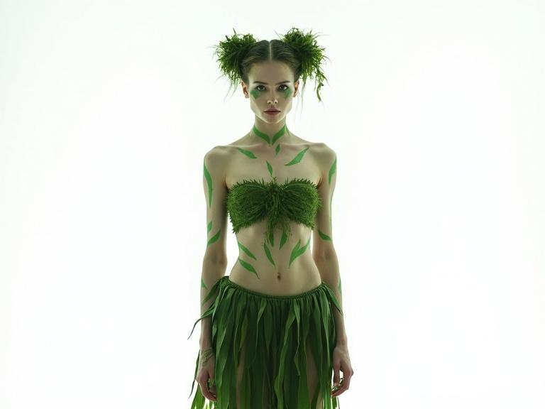 A mystical tribal woman standing with pale skin and intense gaze. Green body paint lines across arms and legs. Leaf-covered outfit with natural textures. Leaf skirt and top made from wild plants. Green hair styled in tight buns with leaves intertwined. White background, cinematic lighting.