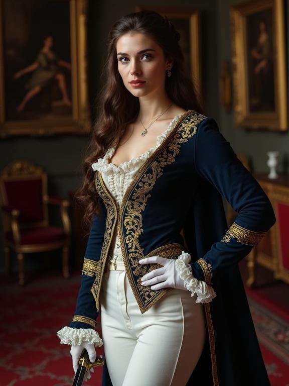 Young woman in Napoleonic uniform. Dark room with fine carpets and portraits. Long brunette hair. Brown eyes. Thin red lips. Intricate and detailed uniform. Full covered body. Sword at side. Hand on hip. White beautiful corset under dark blue uniform. White tight trousers. Soft and young face with makeup.