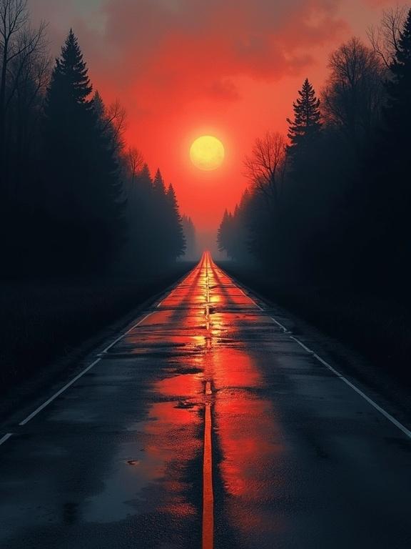 Digital watercolor painting featuring a winding road under a moody sunrise. Colors of orange and red in the sky reflect on puddles. The scene portrays a mix of peace and melancholy. Black background with surreal elements enhances the mood. Road leads off into the misty distance.