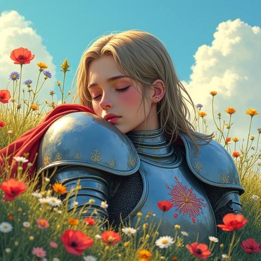 Anime-style illustration depicting a weary knight resting in a vibrant wildflower field. Knight wears detailed plate armor with magical runes. The atmosphere is serene with a hazy blue sky and fluffy clouds. Focus on whimsical peace and stunning beauty.