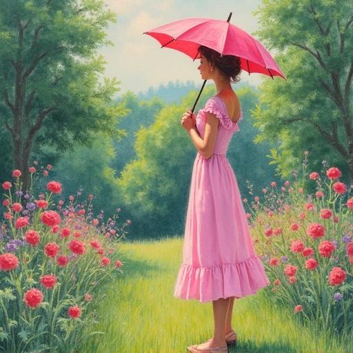 A woman holds a pink parasol in a summer garden. Pastel drawing style reminiscent of Post-impressionism. Inspired by Henri Rousseau's naive style. Features simplified forms with lush green foliage. Vibrant pinks dominate the scene, illuminated by soft, diffused light.