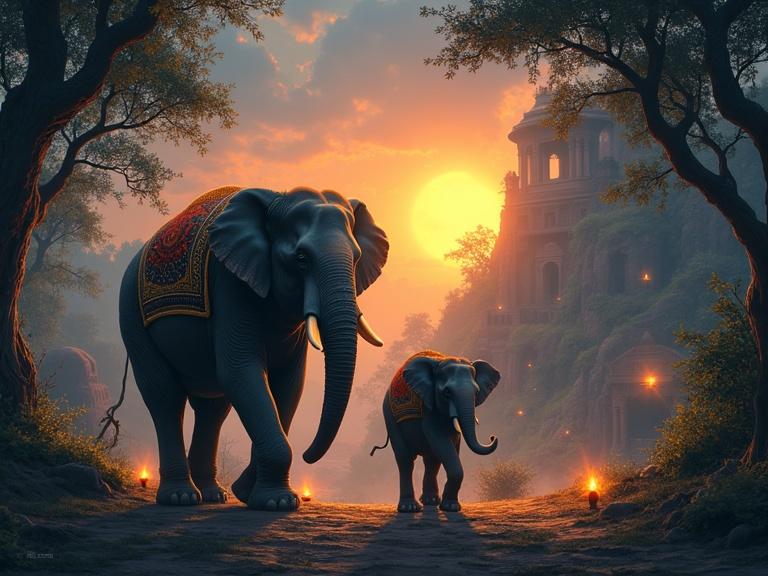 Concept art features parent and child elephants journeying at dusk. Rich colors of gold, deep blue, and earthy greens are present. The elephants walk through a mystical landscape with floating diyas and ancient ruins covered in vines. A sky painted with warm gradients enhances the scene. Traditional Indian patterns subtly glow on the elephants' skin. The atmosphere is emotional, hopeful, and nostalgic with soft light filtering through trees. The artistic style blends realism with painterly brushstrokes.