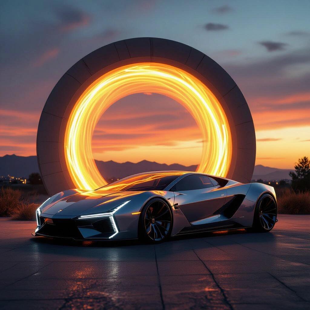 A parked futuristic funny car with an angular design. The car has a shiny silver finish and is positioned in front of a swirling glowing portal. The scene is set during a dark sunset, with deep grooves visible on the car's surface, reminiscent of luxury brands. The atmosphere is dramatic and visually captivating.