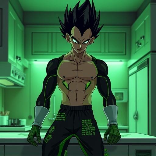Anime character in futuristic environment. 19-year-old male with spiky black hair and cyber green eyes. Robotic appearance with muscular build. Dressed in graphic pajamas. Set in a luxurious bunker kitchen at night in Johannesburg. Energetic atmosphere with a modern aesthetic.
