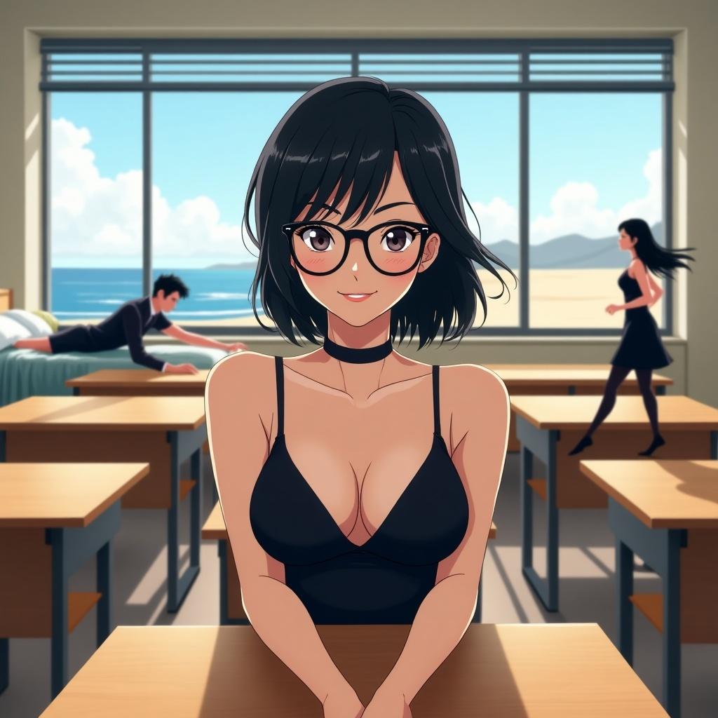 An anime-style illustration features a young woman sitting confidently in a classroom. She wears a stylish black bra and a choker, with short hair and glasses, exuding confidence and beauty. The classroom is bright and inviting, with large windows allowing natural light and a scenic ocean view. In the background, another person is visible, adding depth to the scene. The overall atmosphere is relaxed, emphasizing her poised expression and friendly demeanor. The setting captures both elegance and a casual vibe, creating a captivating focal point.