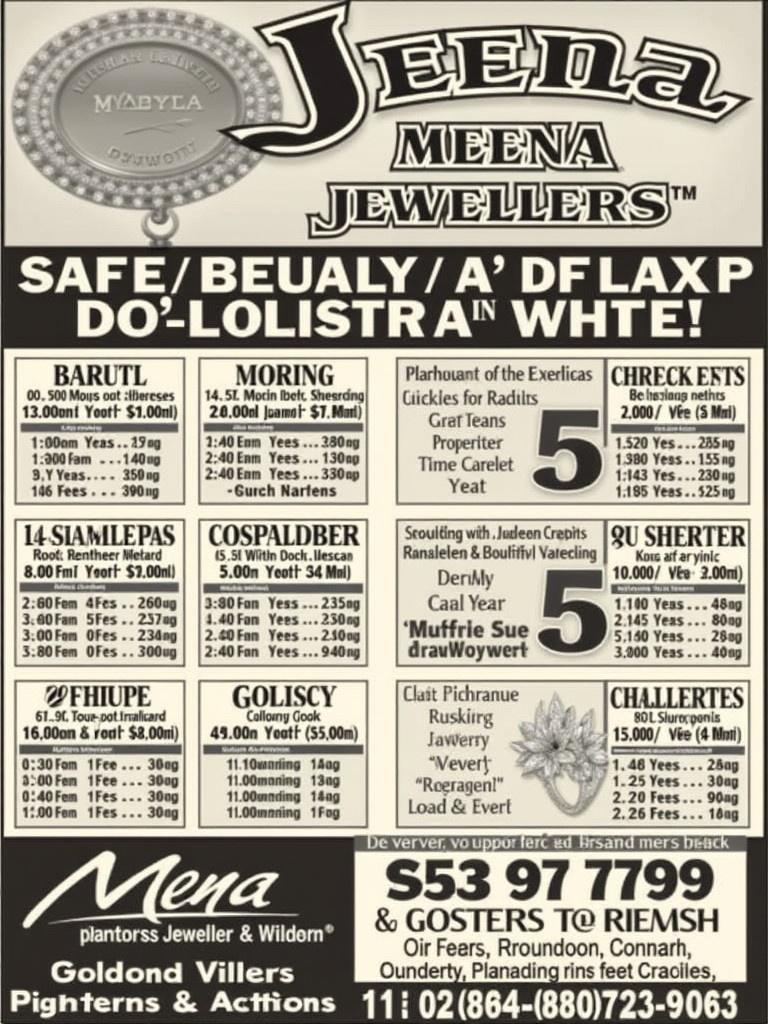 Promotional flyer for Meena Jewellers Since 1983. Various jewelry items are listed with prices. Simple black and white design with gold accents. Features chatty, informal text and attractive layout for easy reading.