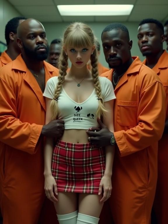 A scene showing two individuals in a prison setting. A blonde woman wearing a tight white top and plaid miniskirt is intimately close to a man in an orange jumpsuit. The vibe is tense and intimate with other inmates nearby. Full-body view capturing emotions.