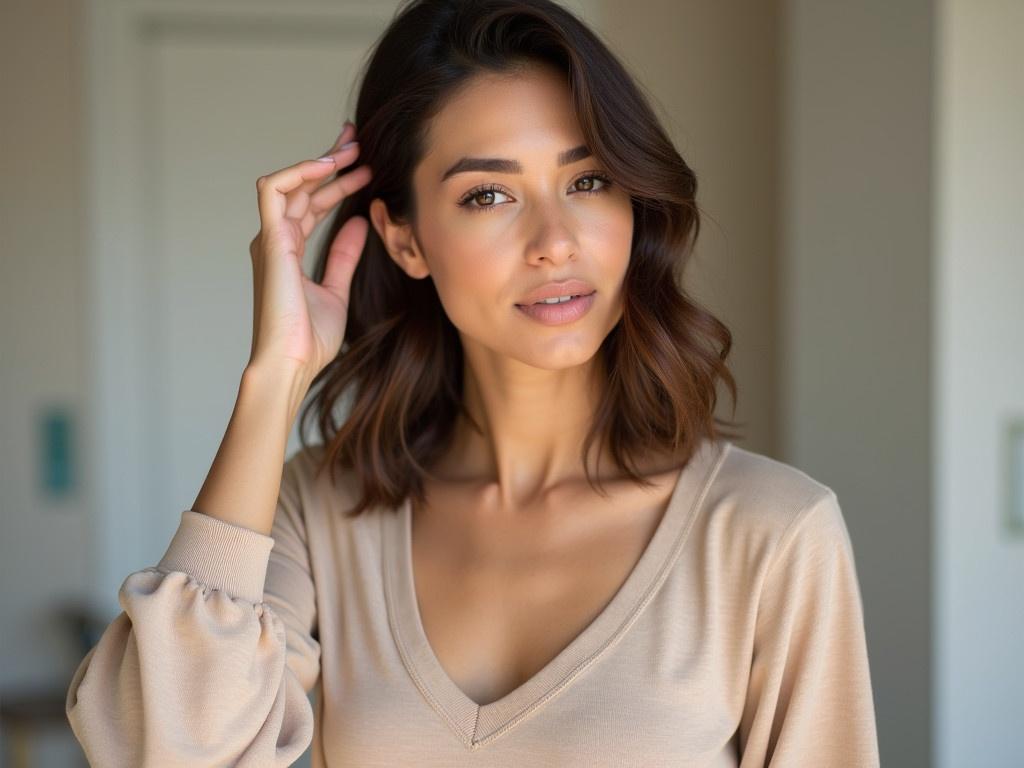 The image features a woman with shoulder-length wavy hair. She is wearing a nude-colored long-sleeved top with a round neckline. The background appears blurred, suggesting a soft, natural light setting. The woman is gently touching her hair with one hand, conveying a relaxed and casual pose. Her expression is serene, and the focus is primarily on her attire and pose rather than her facial details.