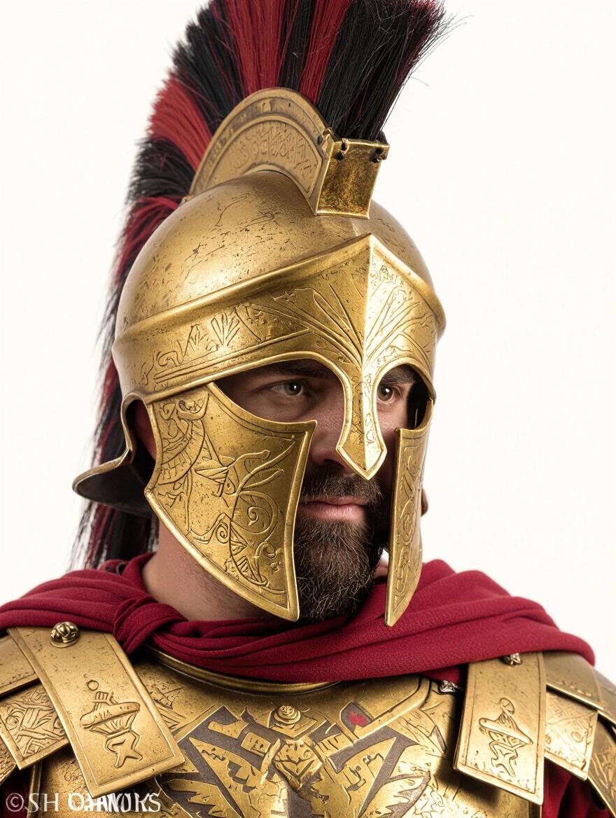 A Spartan warrior wearing a decorative helmet. The focus is on the detailed helmet and the warrior's stern expression. Dramatic lighting enhances the metal textures and features.