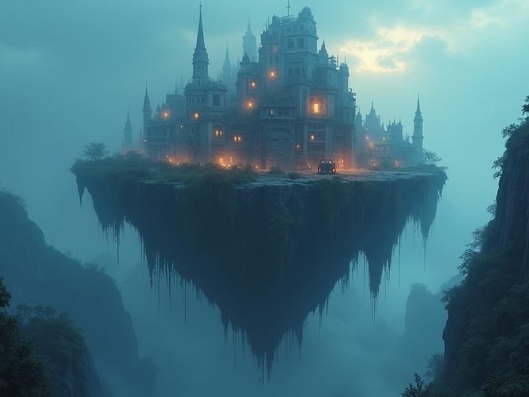 A mystical floating island with towering buildings and soft glowing neon lights. The island is surrounded by an ethereal mist. The scene captures an air of surreal elegance and beauty.