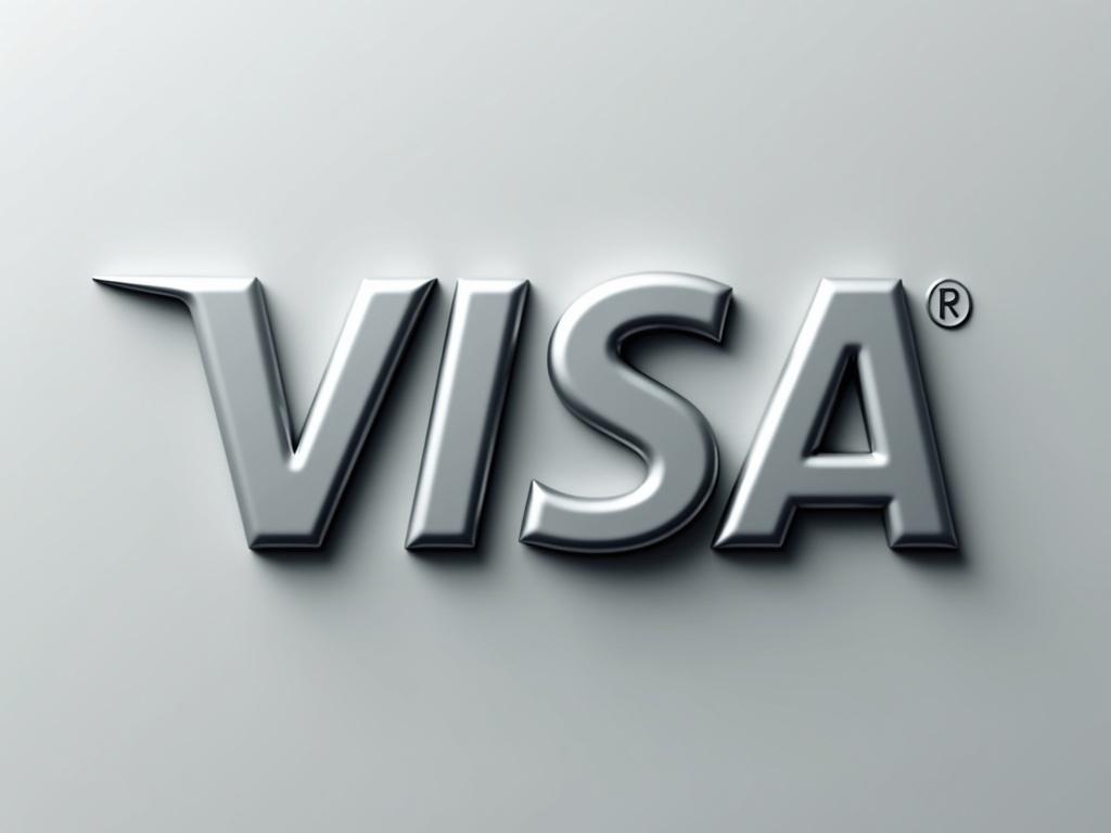 The image features the logo of a financial services company, with the word "Visa" displayed in a bold and modern font. The letters appear glossy and have a three-dimensional effect, giving them a shiny, metallic look. The color scheme primarily consists of shades of gray, contributing to a sleek and contemporary aesthetic. The composition is centered, highlighting the brand name prominently, with no additional elements or background distractions.