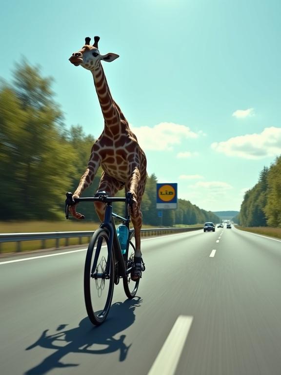 A giraffe rides an electric bicycle on a German autobahn. The giraffe has an extremely long neck and pedals vigorously. The e-bike is modern with electric-blue accents. Motion blur shows speed. It's a clear blue sky day. A LIDL sign is visible in the distance. Comedic urgency is felt in the scene.