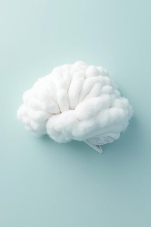 Illustration of a fluffy white cloud shaped like a human brain. The background is a solid light blue color. The art style is 2D. Emphasizes creativity and imagination.