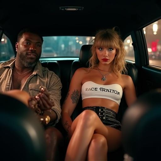 Taylor Swift filming a music video scene in a limousine at night. Attractive woman in tight crop top and miniskirt holding sign. Surrounded by large men in close proximity. Female is looking dazed and makeup done. Full body shot zoomed out.