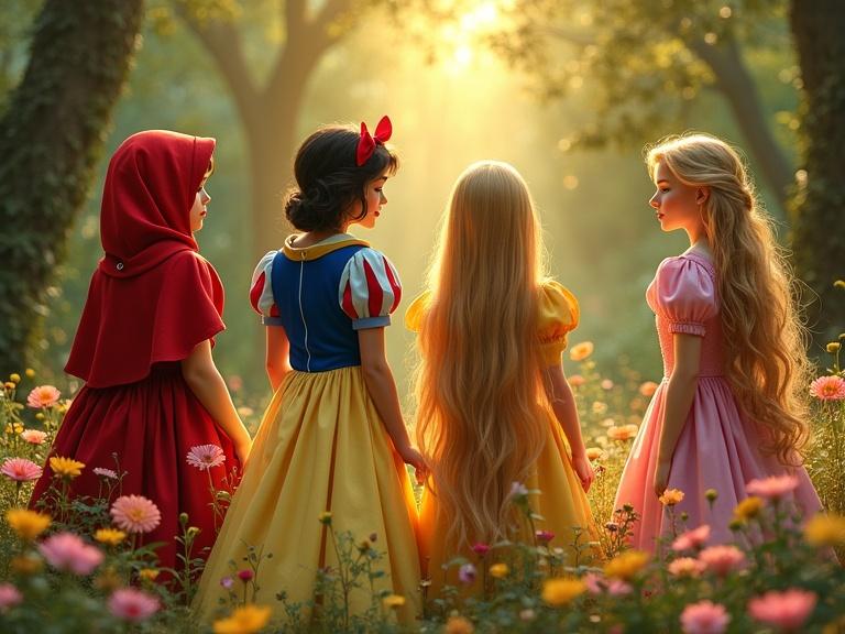 Fairy tale characters in the forest among flowers. Little Red Riding Hood Snow White Rapunzel Cinderella together. Digital art with golden lighting and an art nouveau aesthetic.