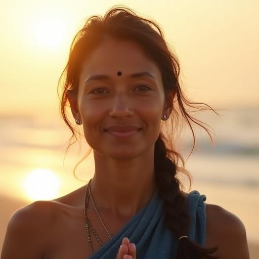 Woman leading yoga class on beach at sunrise. Hair in loose braid with mist. Wearing indigo sari for movement. Skin glows from sunrise. Eyes soft and focused with a bindi. Ocean shimmer in background. Calm expression.