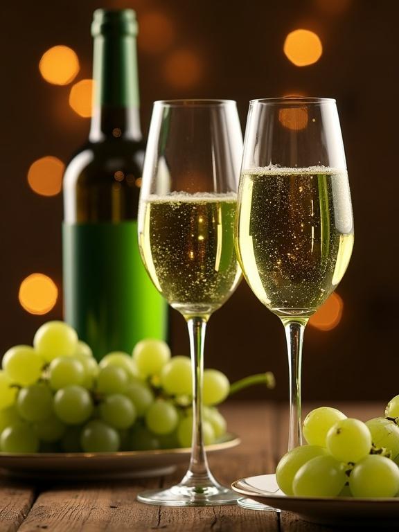 Two glasses clinking together filled with sparkling green wine. Green bottle of wine in front. Small plate with green grapes. Warm ambient lighting with golden bokeh lights in the background. Soft shadows and reflections. Cozy atmosphere. Emphasize texture of the label and glass. Shallow depth of field.