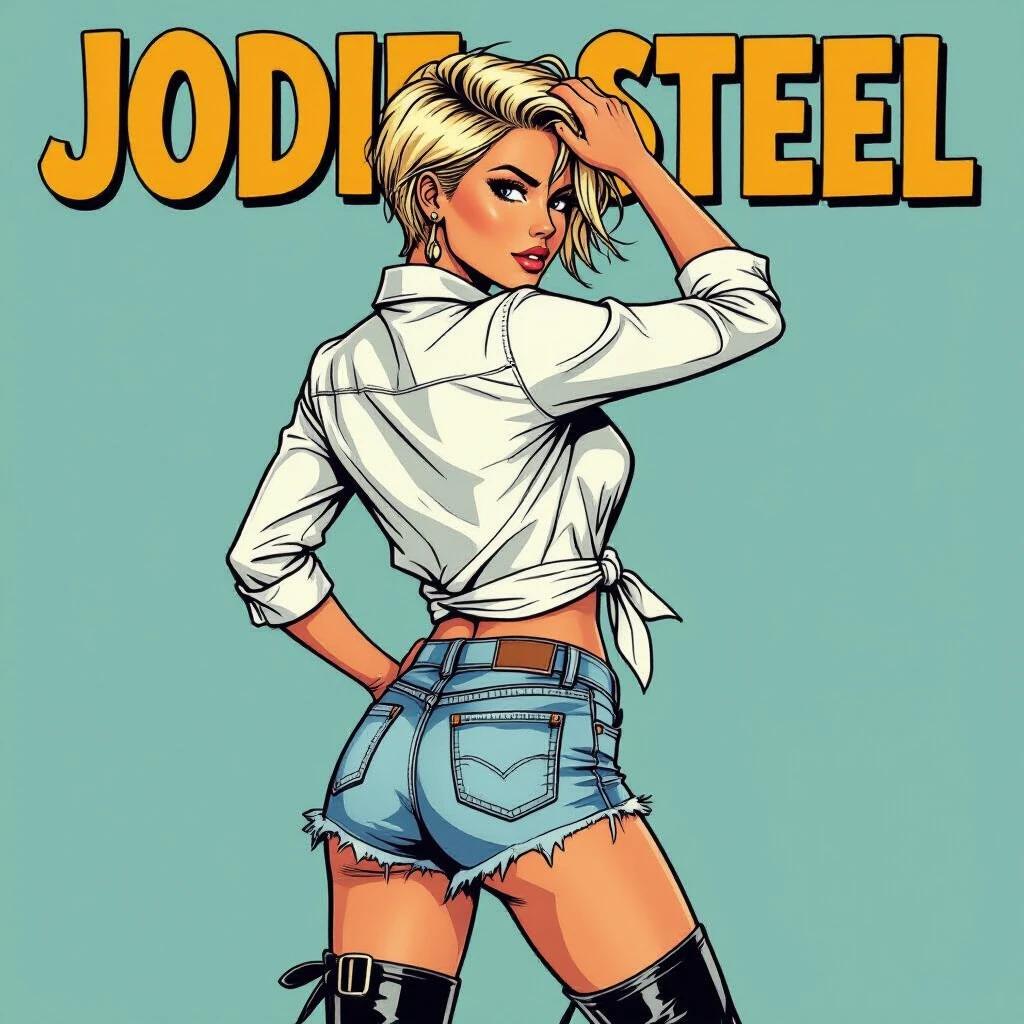 Comic-style illustration of a confident young woman. She has straw-blonde hair styled in a punk fashion. She's wearing a white shirt with sleeves rolled up. The shirt is knotted at the front. She's in faded ripped denim shorts. She's also wearing black motorcycle boots with silver buckles. The background is light blue. The woman's pose is side profile, looking back over her shoulder while stroking her hair.