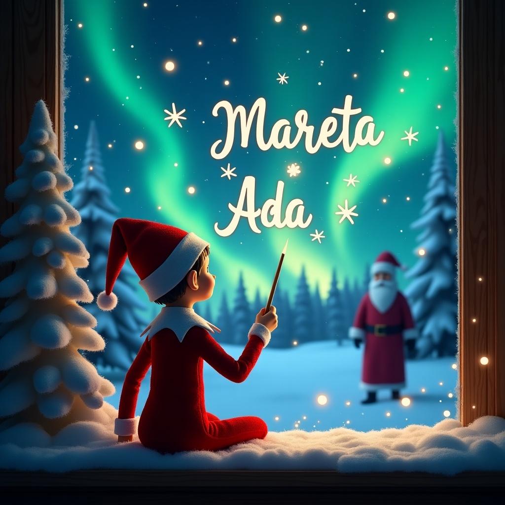 Elf on the shelf with back to viewer faces magical winter night sky. Classic red outfit wand writes names 'Mareta' and 'Ada' in stars. Background features northern lights. Snow-covered trees surround elf. Silhouette of Santa in distance enhances Christmas theme.