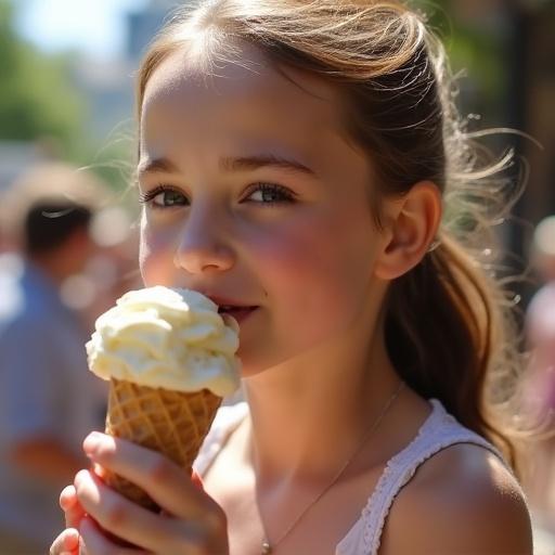 A girl enjoying ice cream on a bright sunny day. The setting shows a candid moment captured in natural light.