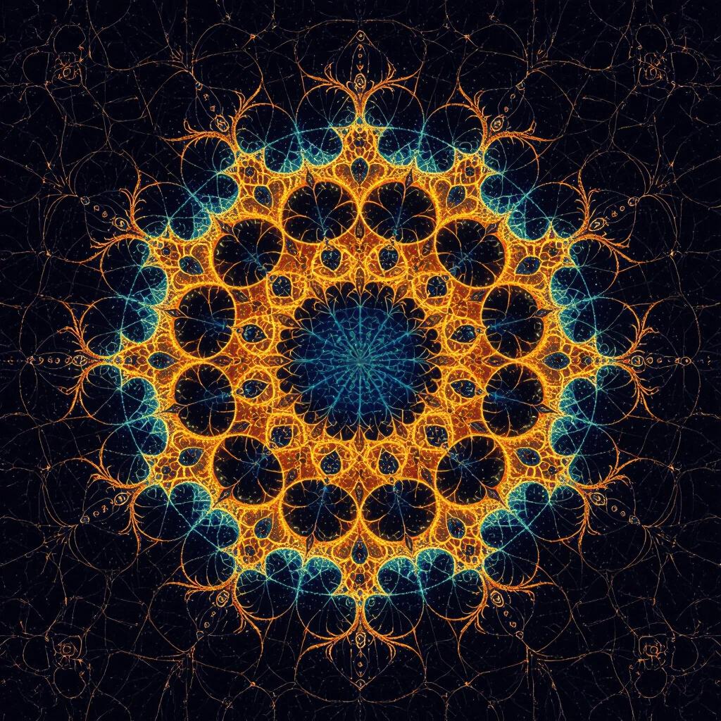 Bright fractal design inspired by Mandelbrot patterns. Central circular shape with intricate details. Dominant blue and orange colors against a black background.