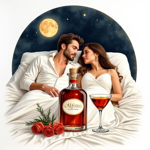 Image of a couple lying in bed together on a moonlit night. The atmosphere is romantic. An elegant bottle of liqueur labeled 'ALFRUNO' sits prominently. There are two cocktail glasses beside the bottle. Roses and rosemary are included for decoration.