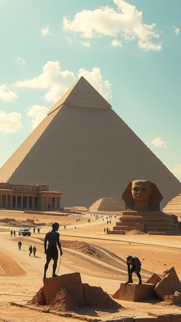 Workers shape blocks in the foreground of an ancient pyramid and sphinx under a bright sky.