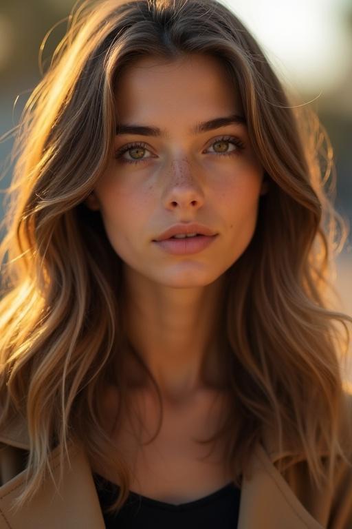 Portrait features a young woman with long light brown wavy hair. Golden hour lighting enhances her hazel eyes. She has subtle freckles on her nose and wears a beige jacket over a dark shirt. Expression is calm and gentle with natural brows. Focus on ultra-realistic skin texture and serene atmosphere.