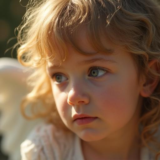 Close-up shot of an angel with soft curls and gentle features in warm sunlight.
