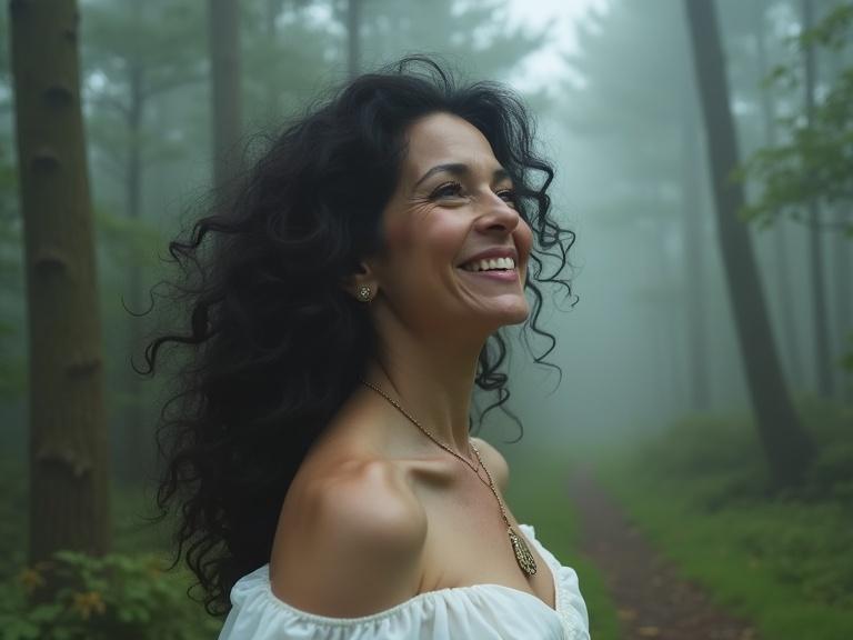 Mature woman with curly black hair and dark brown eyes in a white gown. She looks joyful and blissful while dancing in a misty forest. The scene is tranquil and enchanting.