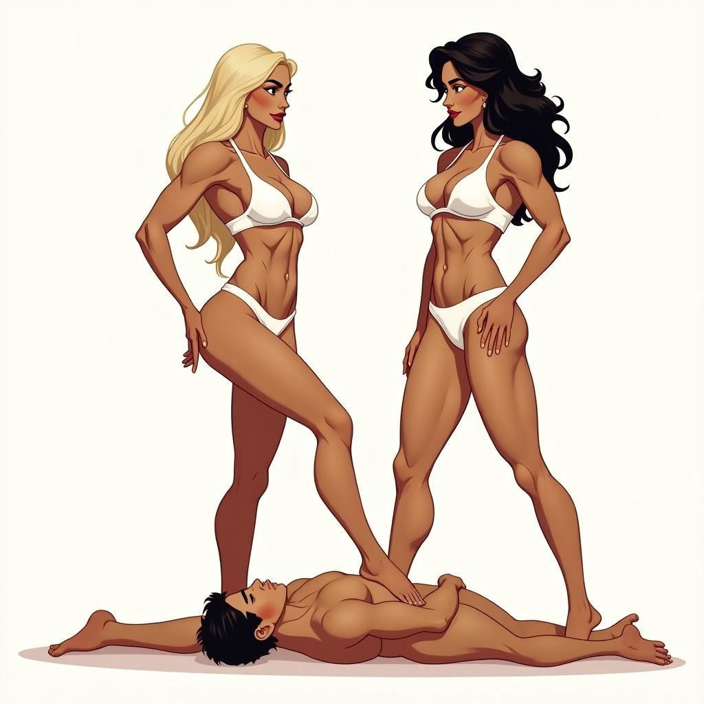 The illustration features two athletic women standing confidently, showcasing their strong physiques. One has long blonde hair and a toned body, while the other has dark curly hair and equally defined muscles. They both wear white bikinis, highlighting their fit figures. The women rest their feet on a man lying below them, enhancing a sense of control. Their relaxed postures suggest confidence as they embody empowerment and femininity. The scene captures the blend of strength and grace through their relaxed demeanor and authoritative presence.